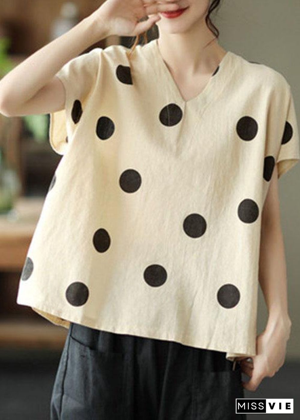 French Khaki V Neck Dot Summer Linen Shirt Top