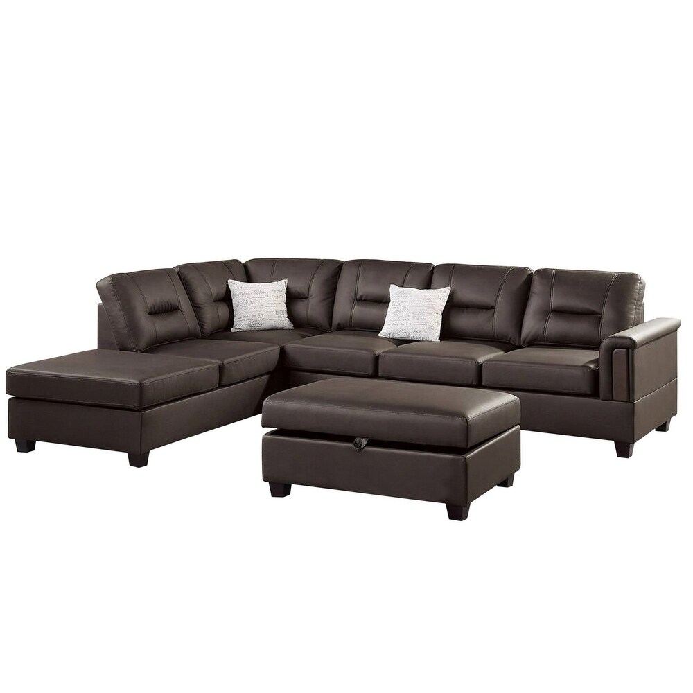 Dex 3 Piece L Sectional Sofa  Ottoman  2 Throw Pillows  Brown Faux Leather