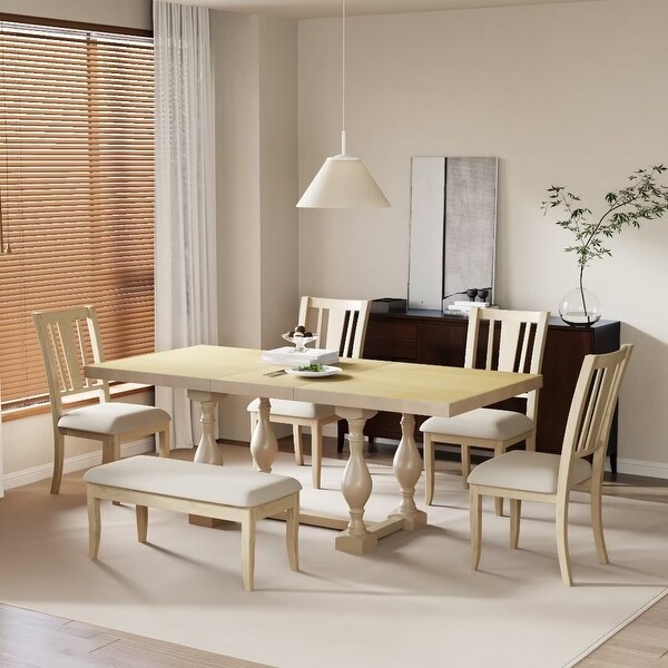 Extendable Dining Table Set with Removable Leaf，Padded Chairs and Bench