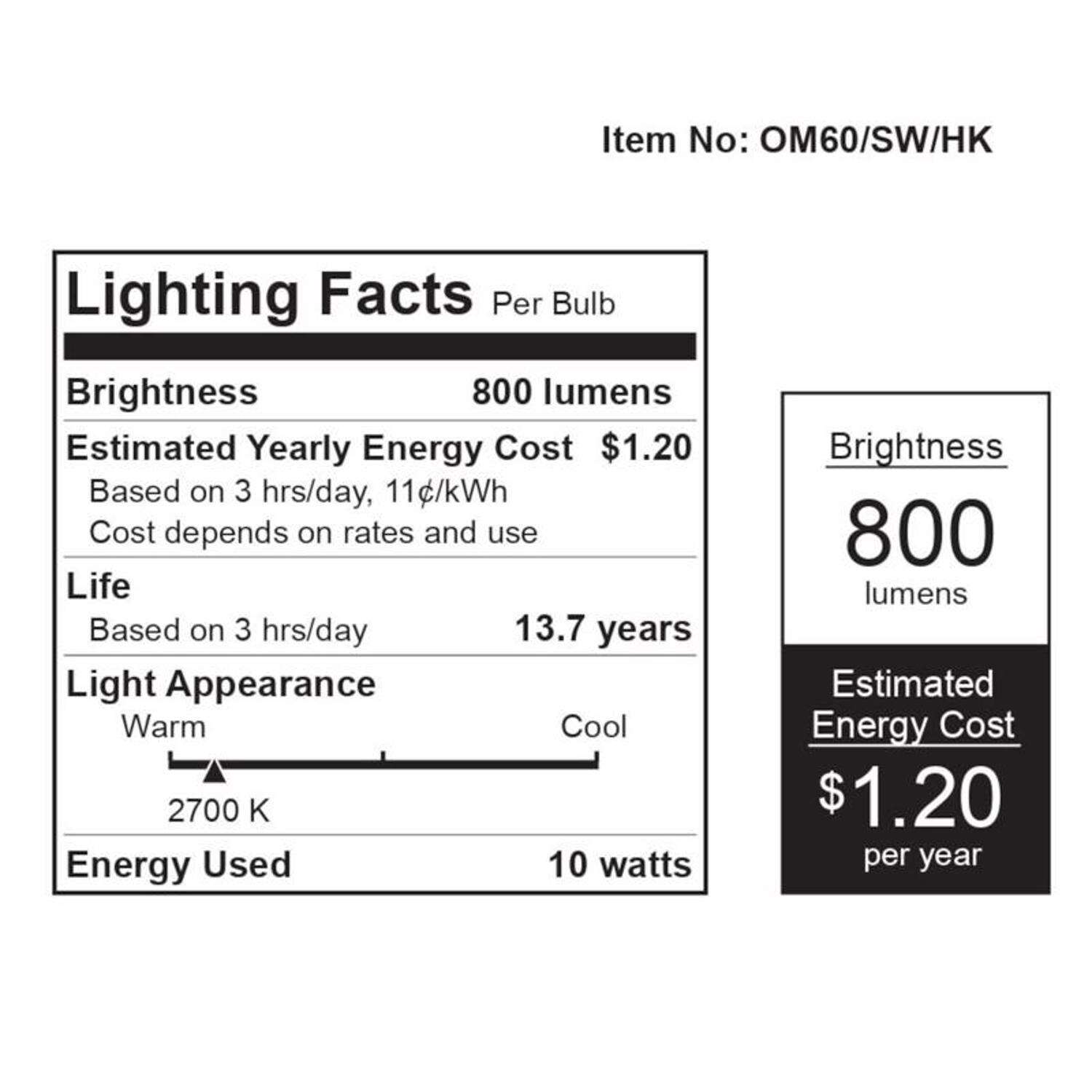 Feit LED A19 E26 (Medium) LED Bulb Warm White 60 Watt Equivalence 1 pk