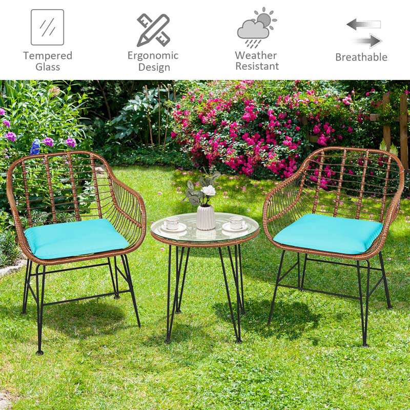 3 Pcs Patio Conversation Bistro Set Outdoor Rattan Furniture Set with Round Table & 2 Rattan Cushioned Armchairs