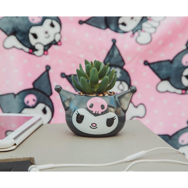 Silver Buffalo Sanrio Kuromi Smiling Head 3 inch Ceramic Mini Planter With Artificial Succulent