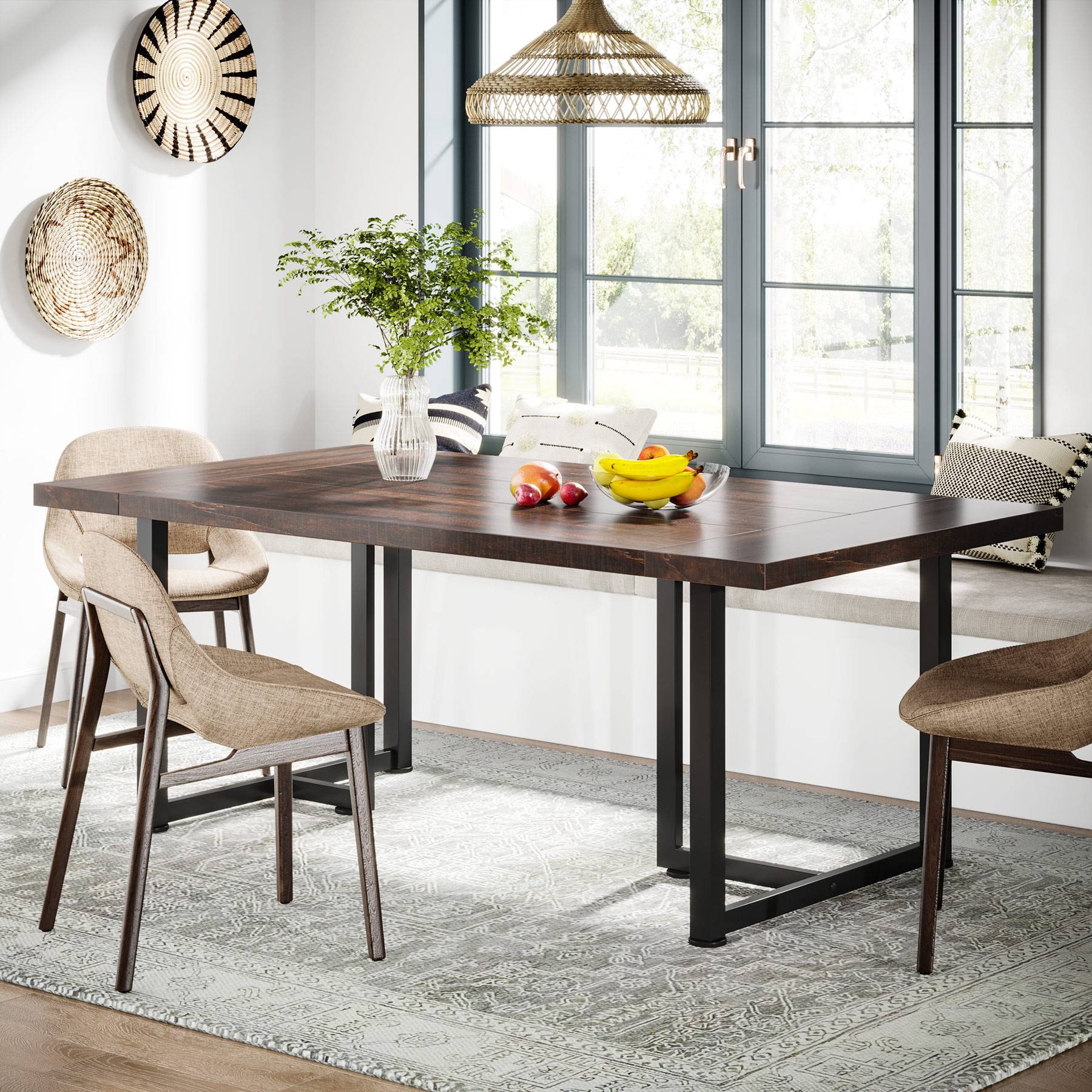 Farmhouse Dining Table, Industrial Rectangular Kitchen Table for 4-6 People