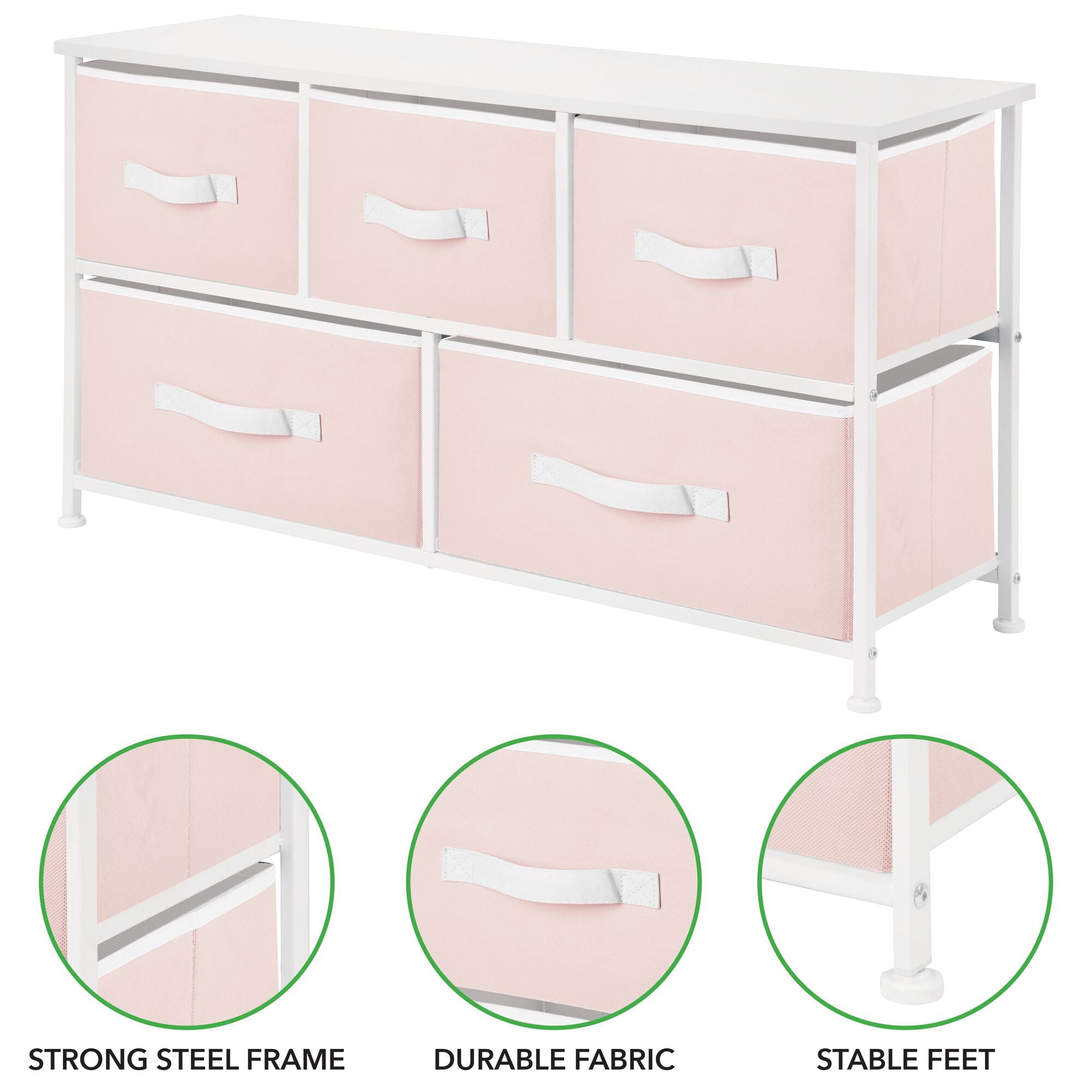 mDesign Wide Steel Frame/Wood Top Storage Dresser Furniture with 5 Fabric Drawers, Large Bureau Organizer for Baby, Kid, and Teen Bedroom, Nursery, Playroom, Dorm - Jane Collection, Pink/White