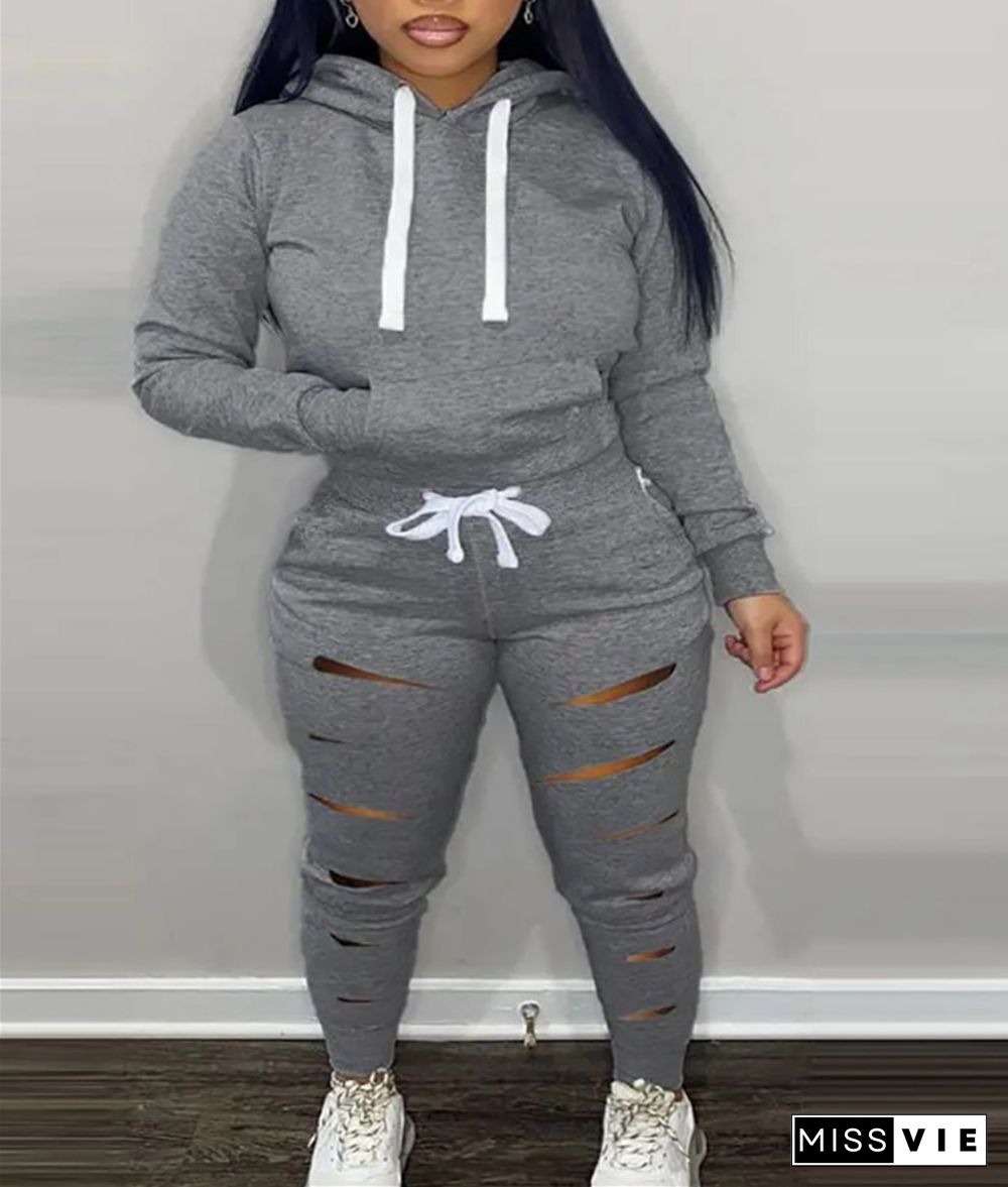 Streetwear Gray Hoodies Holes Sweatpants 2 Pcs Sets