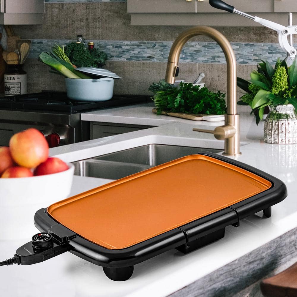 OVENTE 16 in. x 10 in. Electric Griddle Copper with Non-Stick Cast Iron Cooking Plate and Removable Drip Tray GD1610CO