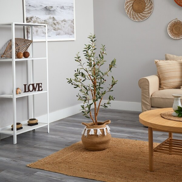 3.5' Artificial Olive Tree with Handmade Jute and Cotton Basket with Tassels