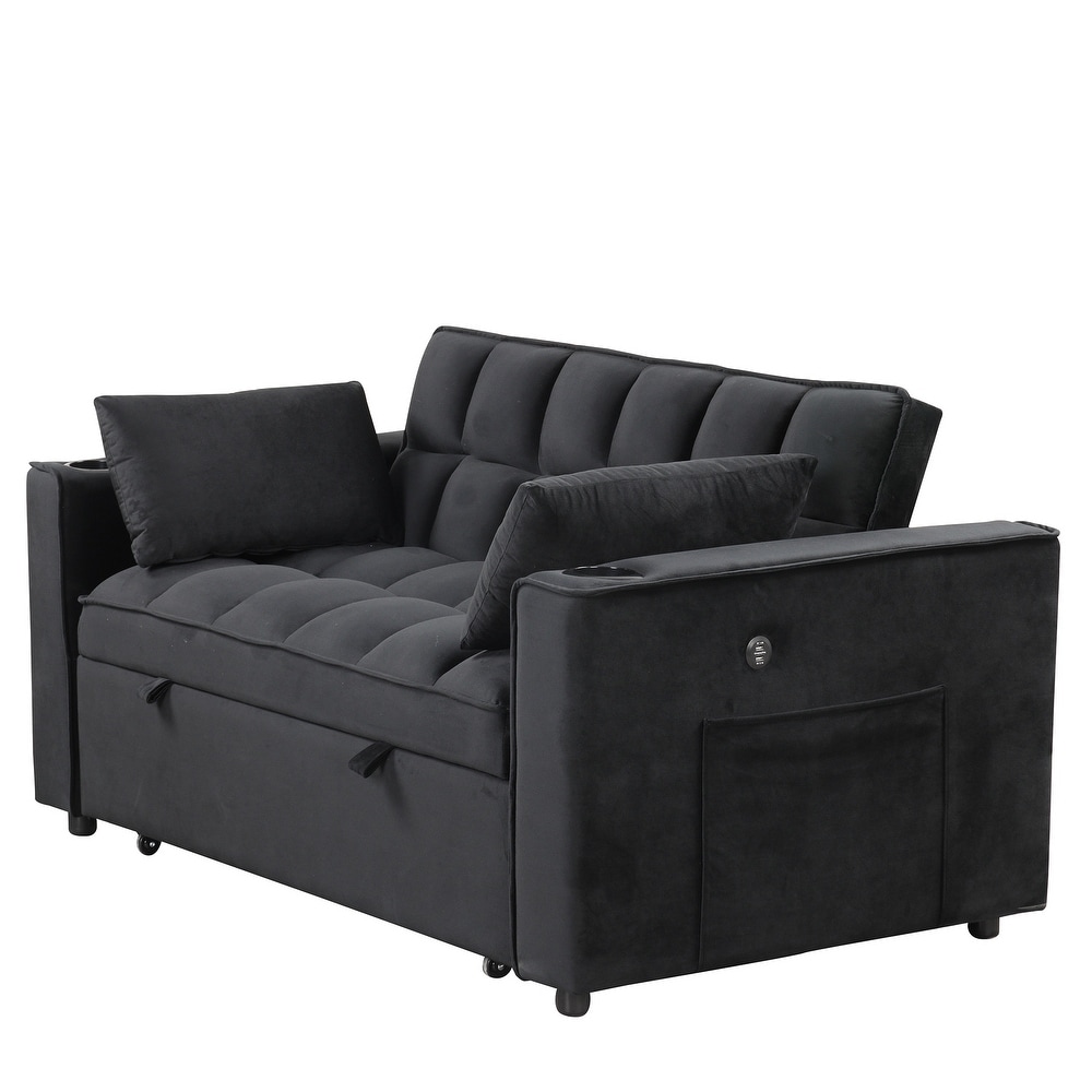 Velvet Upholstered Sofa Bed Convertible Sleeper Sofa with Cup Holder and USB Port   Perfect for Living Rooms and Apartments