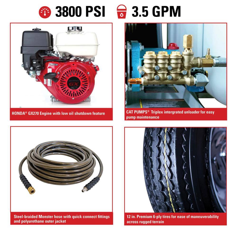 SIMPSON Mobile Trailer 3800 PSI 3.5 GPM Gas Cold Water Pressure Washer with HONDA GX270 Engine (49-State) 95001