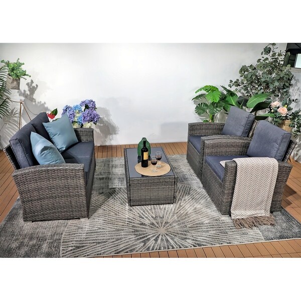 4 Person Patio Rattan Conversation Set with Grey Cushions Outdoor Tempered Glass Table