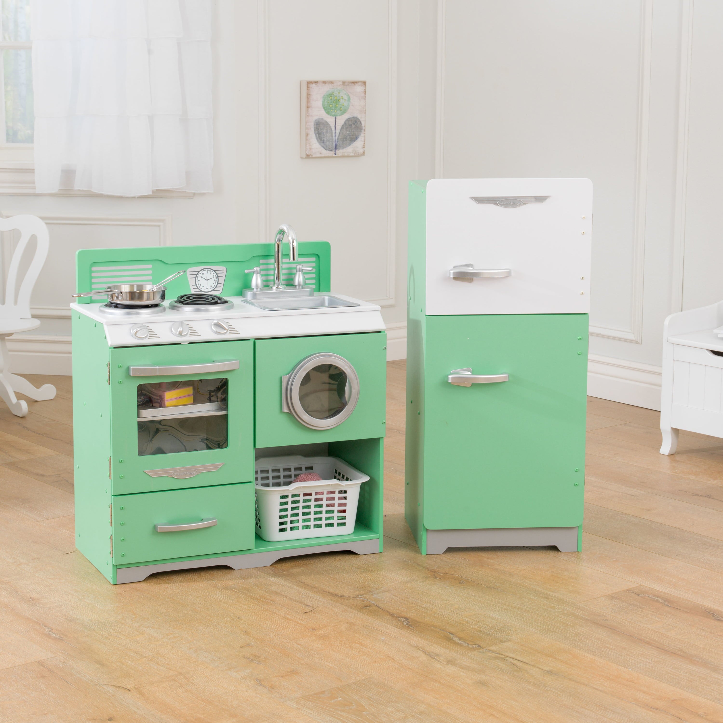 Homestyle 2-Piece Wooden Vintage Play Kitchen Set with Refrigerator, Dryer and Laundry Basket