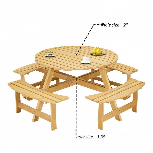 Wood Round Picnic Tables Set with Umbrella Hole and Benches