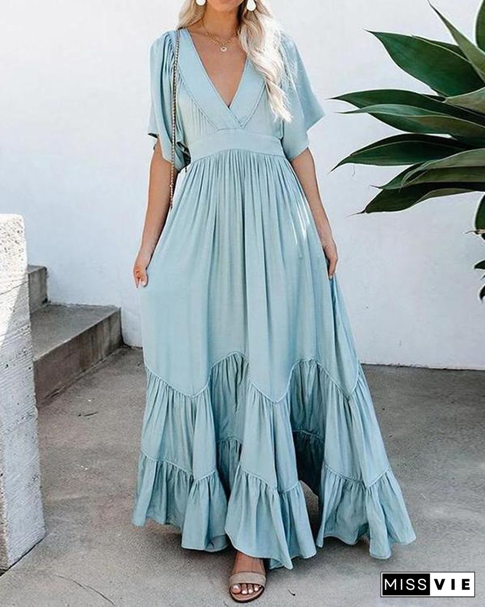 Women Vacation Casual Short Sleeve Maxi Dress