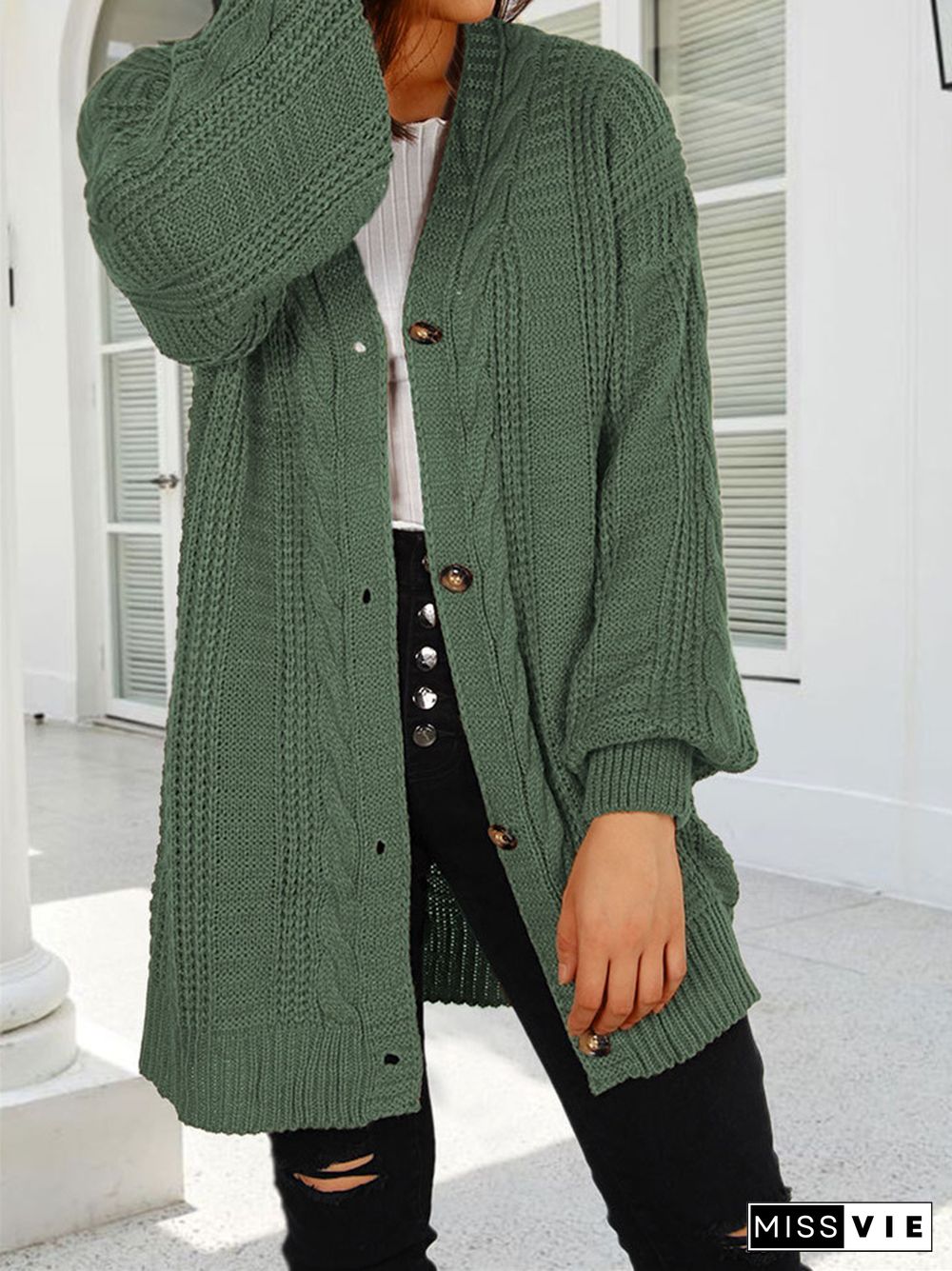 Solid Color V-neck Lantern Sleeve Cardigan Sweater