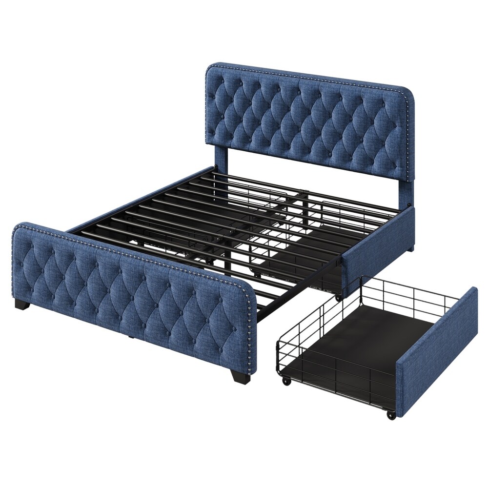 Upholstered Platform Bed Frame with Four Drawers Tufted Headboard and Footboard