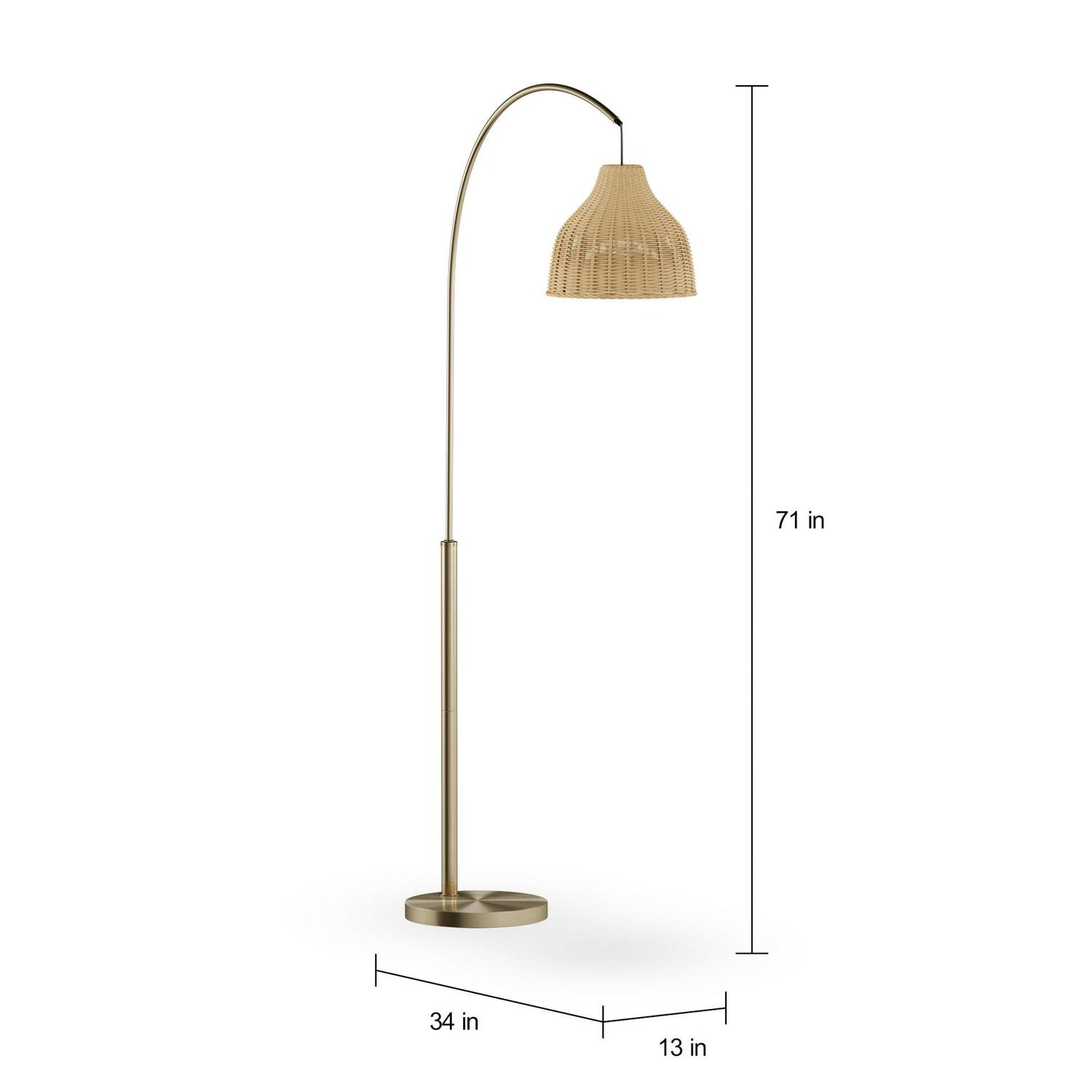 Arch Floor Lamp with Rattan Shade by Drew Barrymore Flower Home， Antique Brass