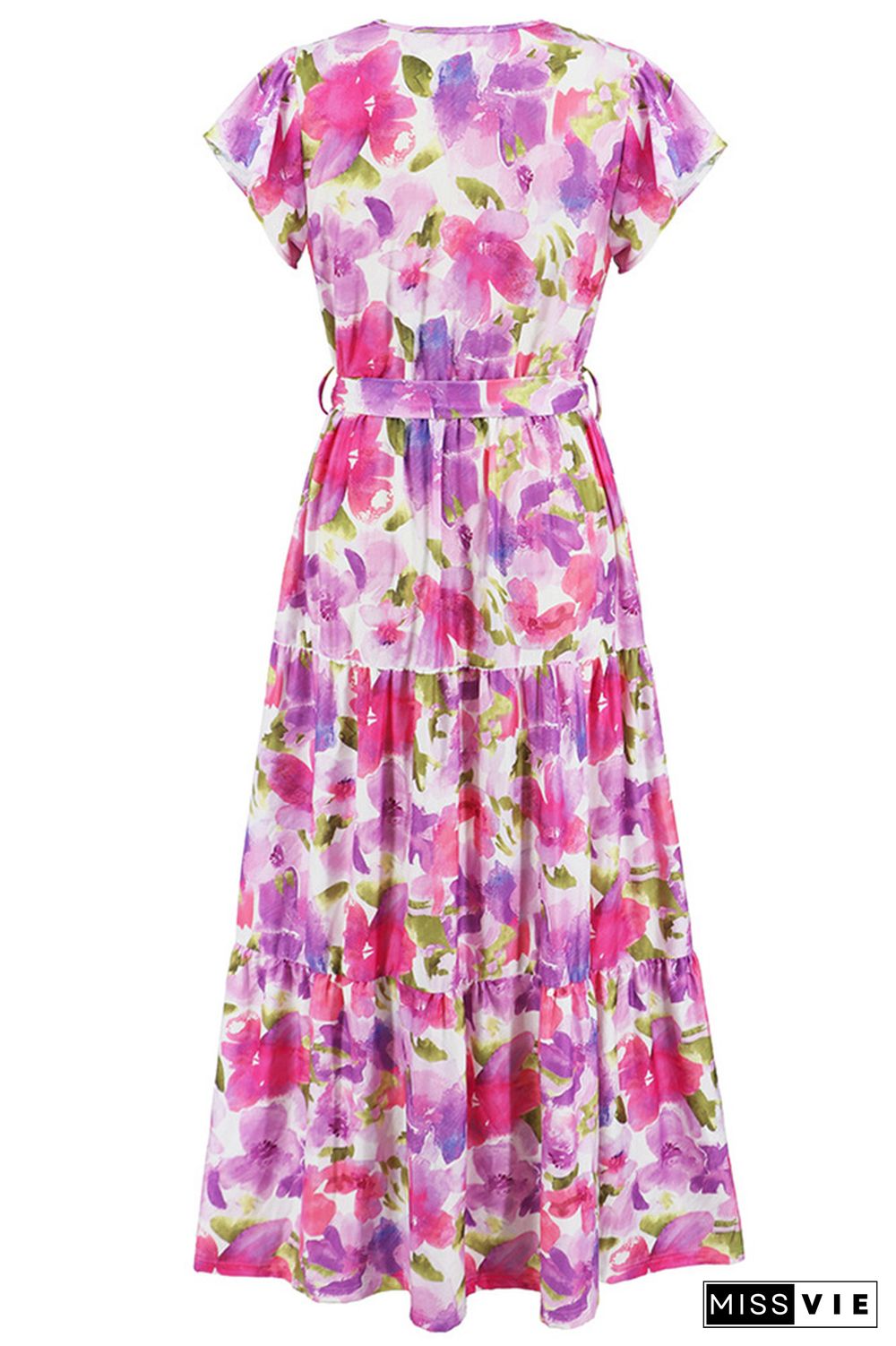 V Neck Flare Sleeves Floral Maxi Dress With Sash