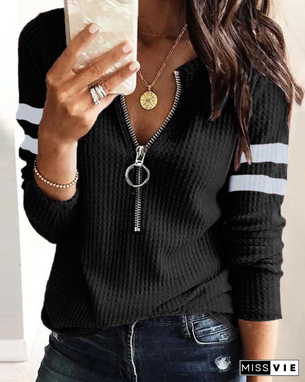 Autumn Fashion Women's Fashion Casual Solid Color V Neck Zipper Long Sleeves Basic Top Blouse Plus Size S-5XL