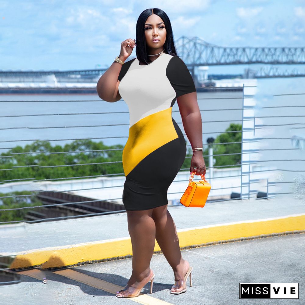 Color Block Short Sleeve Plus Size Pencil Dresses