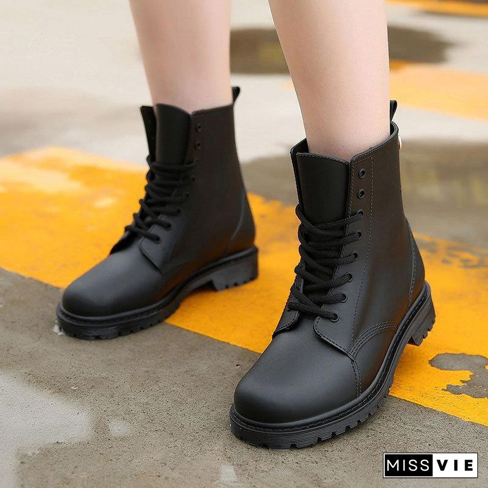 Women Rainboots Waterproof Mud Water Shoes Woman Rubber Lace Up PVC Ankle Boots Ladies Fashion Motorcycle Rain Botas