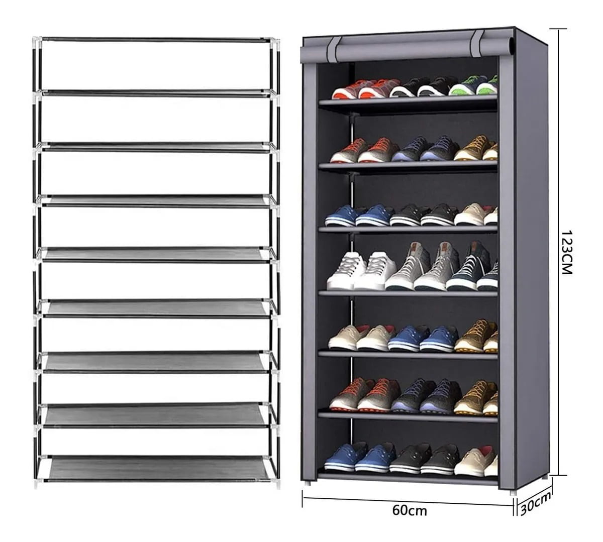 ACEUR 7-Tier 21 Pairs Portable Shoe Rack with Dustproof Cover Shoe Organizer Storage Stand， Expandable for Heels，Boots， Silver Grey