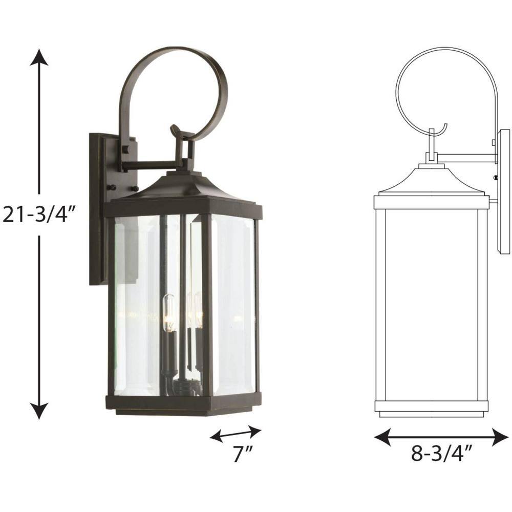 Progress Lighting Gibbes Street 7 in. 2-Light Antique Bronze Clear Beveled Glass New Traditional Outdoor Medium Wall Lantern Light P560022-020