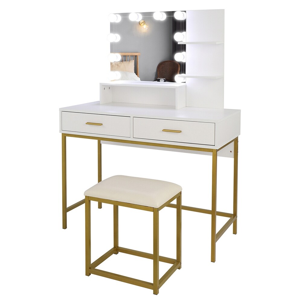 Large Vanity Set with 10 LED Bulbs  Makeup Table with Cushioned Stool