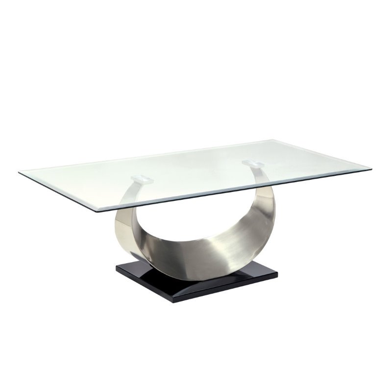 Furniture of America Suse Glass Top Coffee Table in Silver Satin Plated