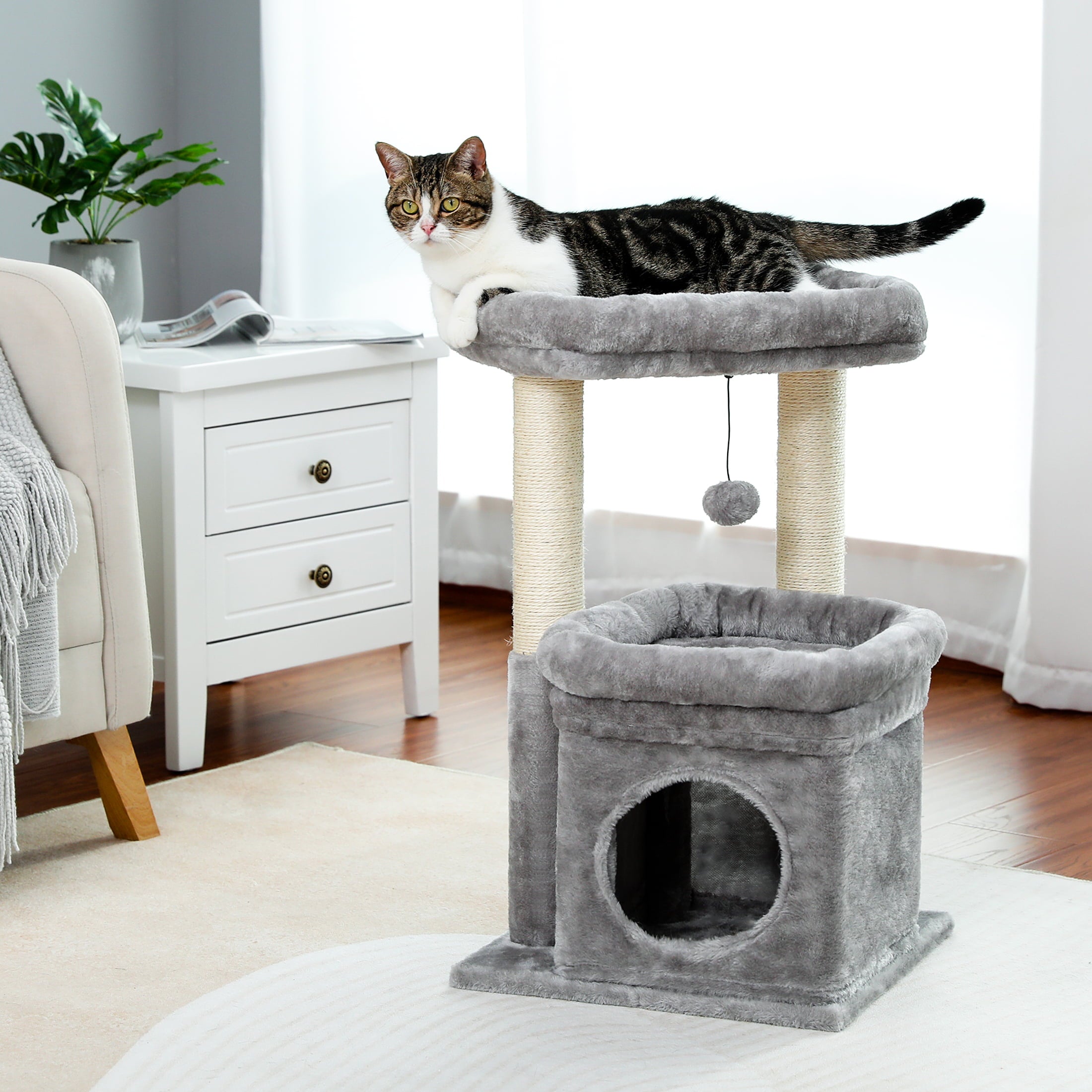 PAWZ Road Small Cat Tree Tower Plush Condo and Scratching Posts for Kittens Medium Cats， Gray