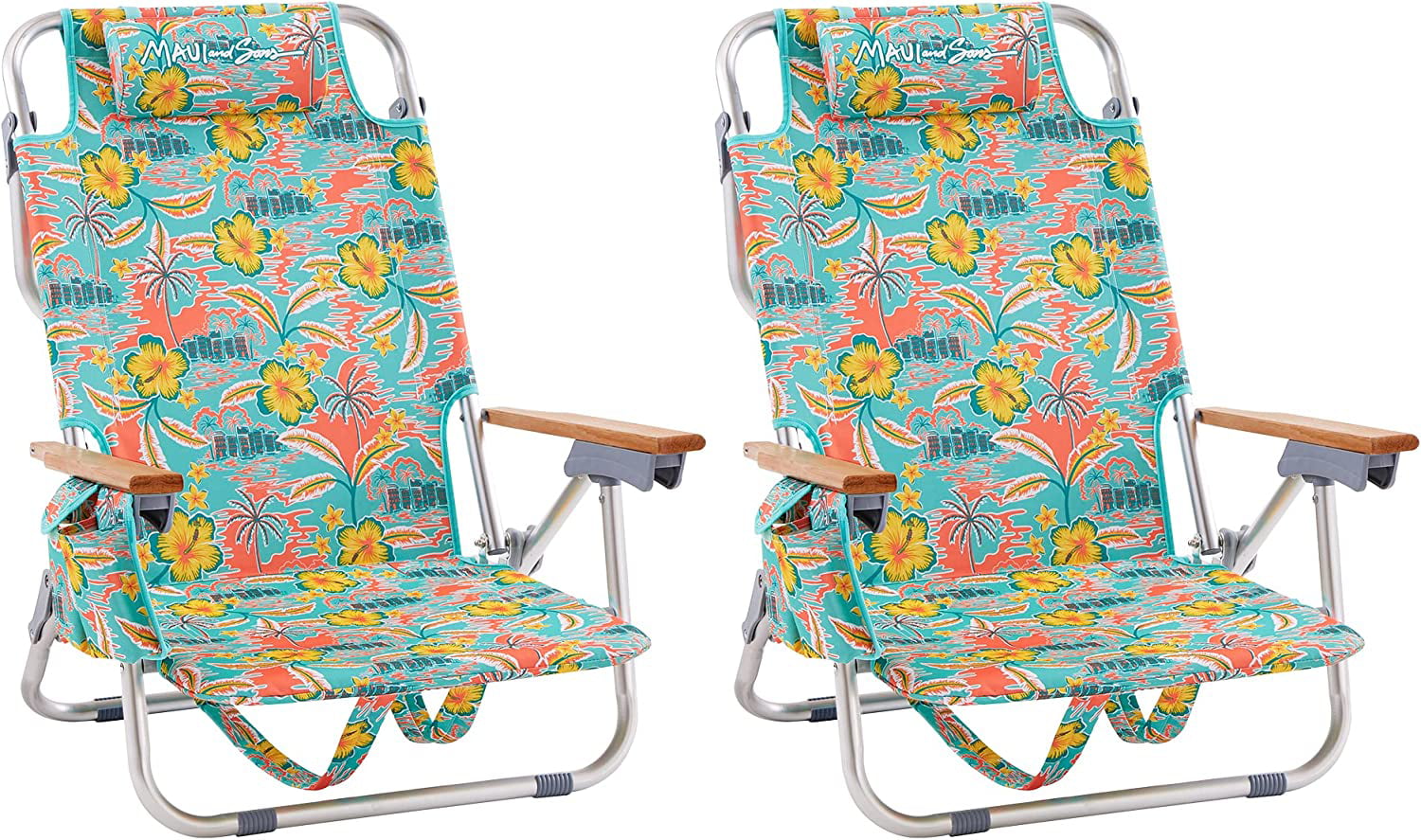 Maui and Sons Deluxe Backpack Beach Chair Set of 2 with 5 Comfort Positions and More， Multicolor