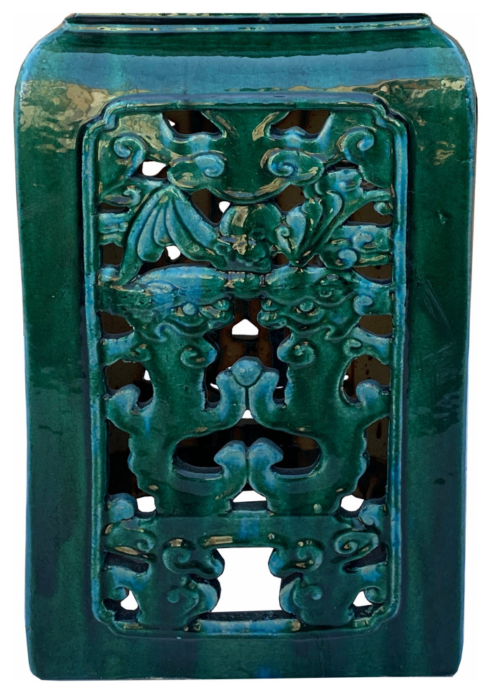 Ceramic Clay Green Square Tall Pedestal Table Bats Dragons Stand Hcs7010   Asian   Side Tables And End Tables   by Golden Lotus Antiques  Houzz