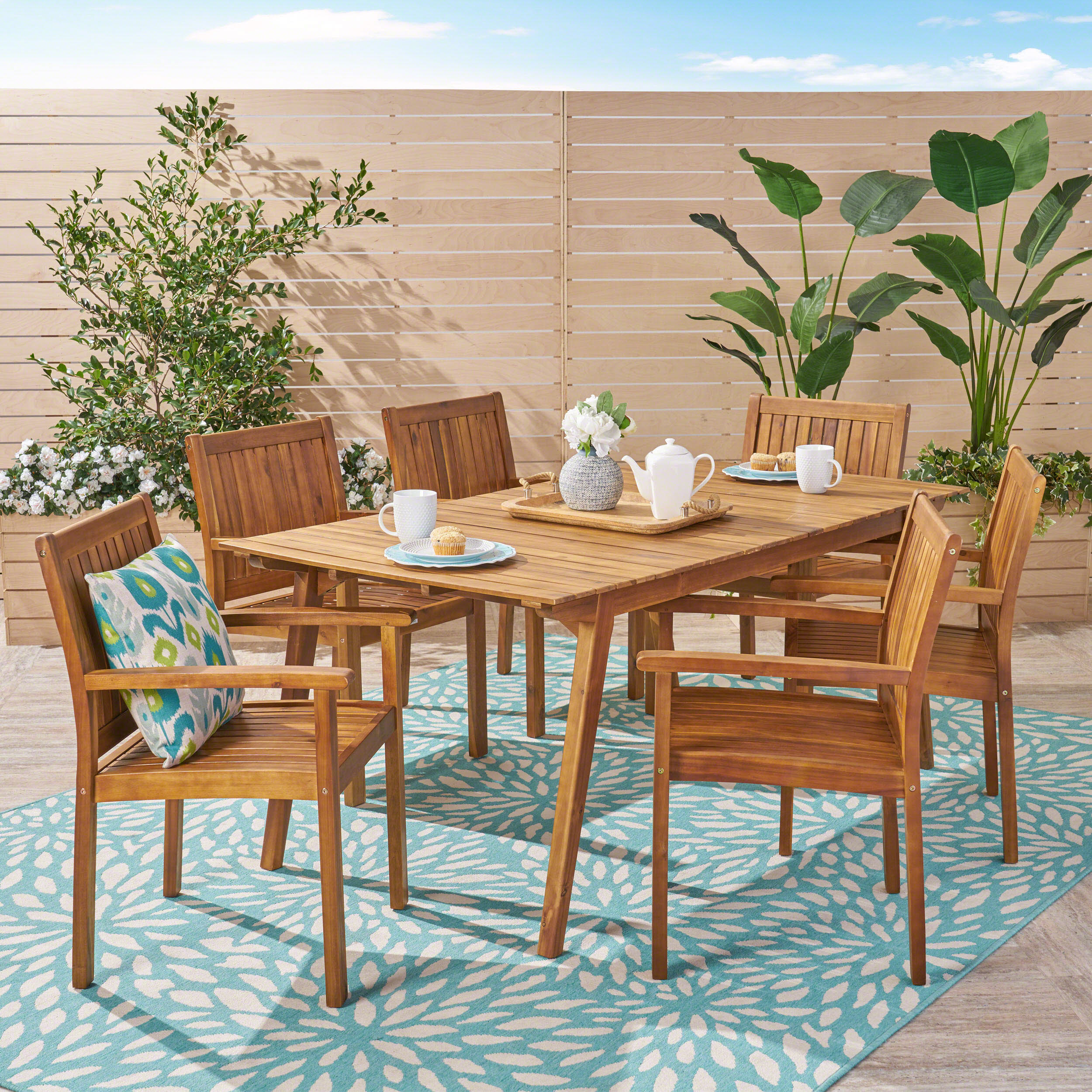 Jerry Outdoor 7 Piece Acacia Dining Set, Teak Finish