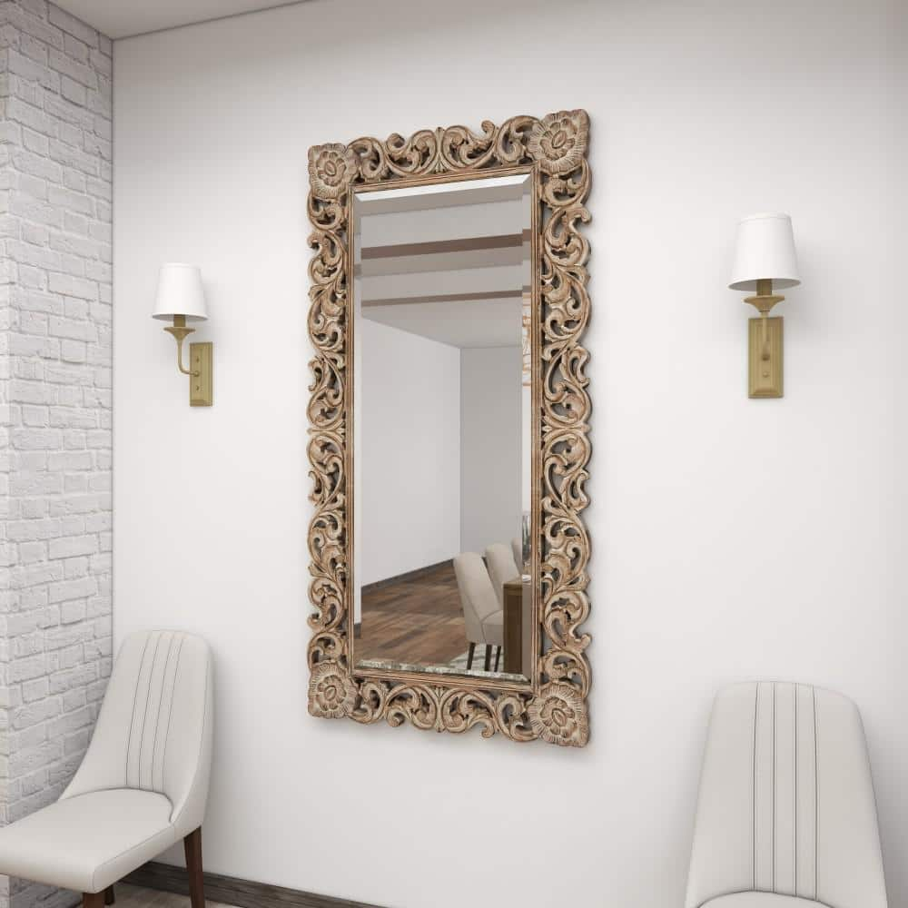 Litton Lane 72 in. x 36 in. Intricately Carved Rectangle Framed Light Brown Floral Wall Mirror 23702