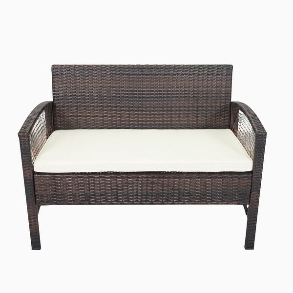 4 Piece PE Rattan Wicker Outdoor Sofa Chair Set with Beige Cushions and Tempered Glass Coffee Table - Overstock - 37454193