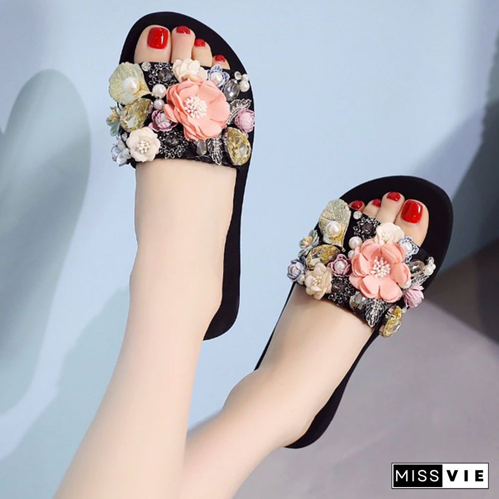 Women Crystal Auger Pearl Flower Platform Sandals Beach Slippers Shoes