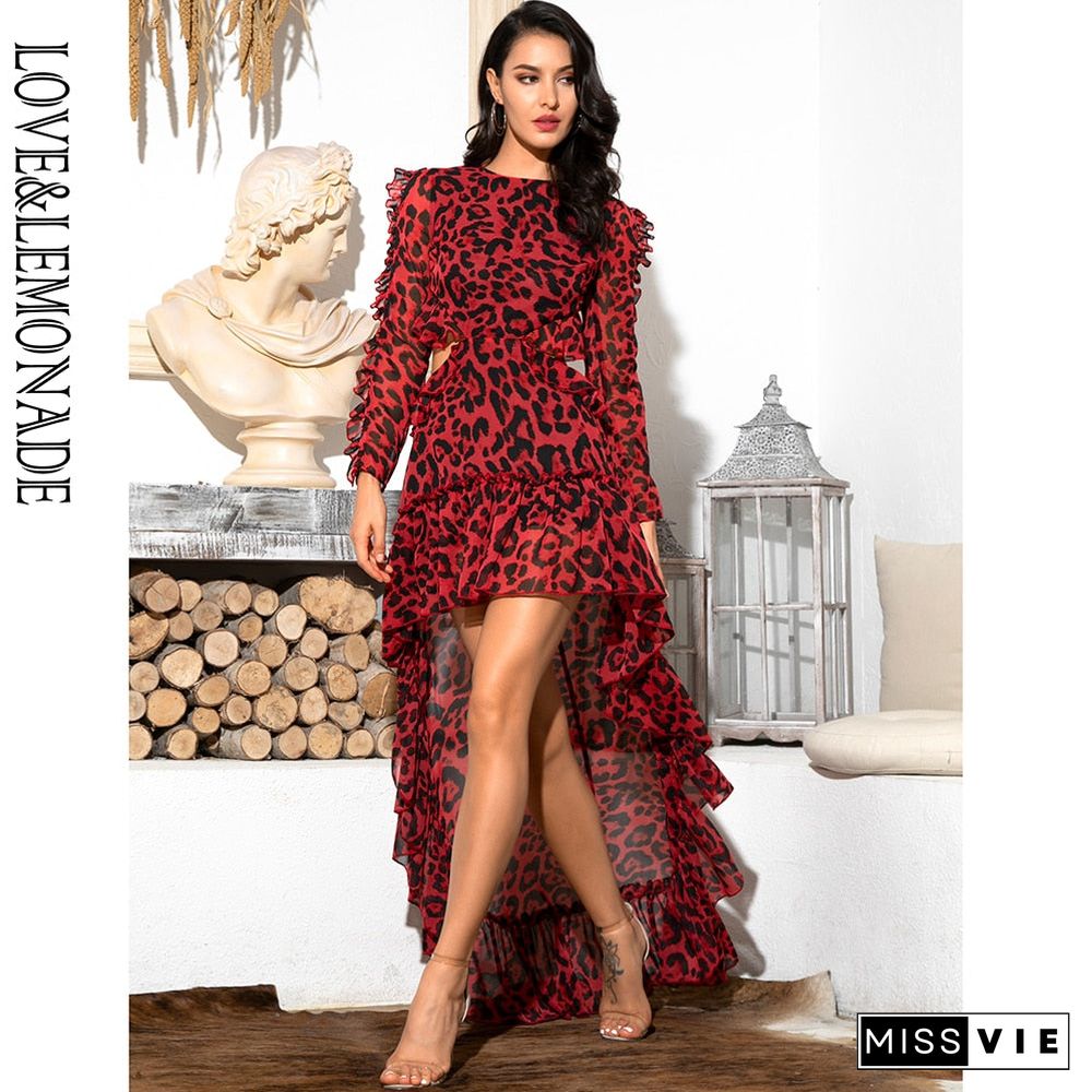 Sexy Cut Out Open Back Red Leopard Long Sleeve Chiffon Dress LM81503