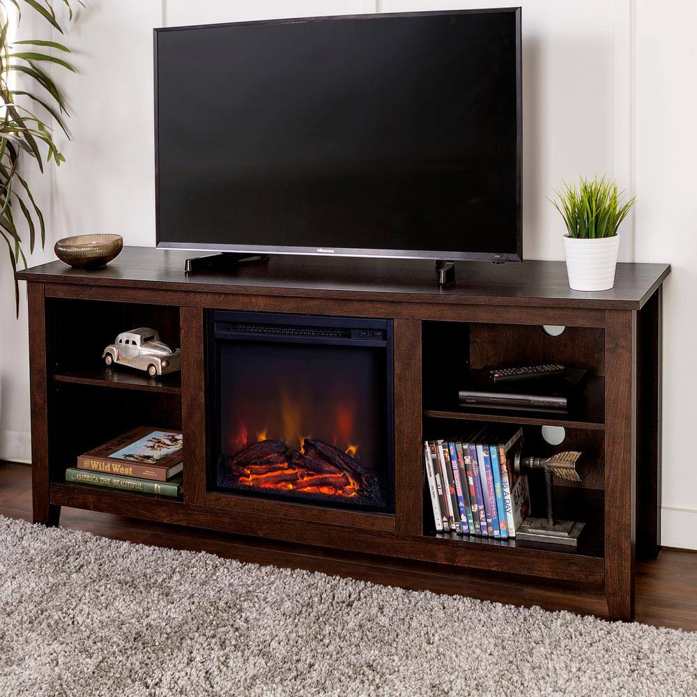 Walker Edison Furniture Company Essential 58 in. Brown TV Stand fits TV up to 60 in. with Adjustable Shelves Electric Fireplace HD58FP18TB