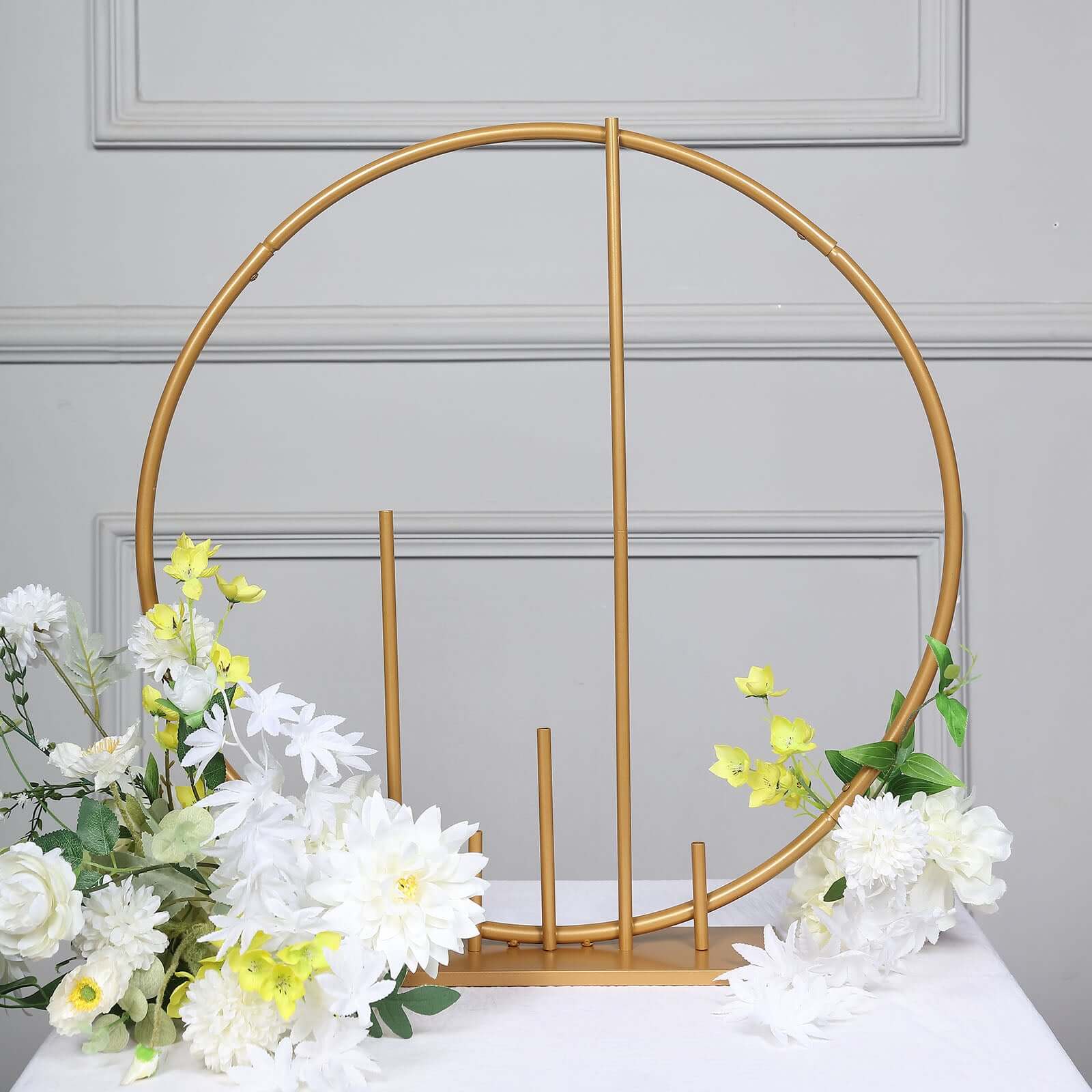 Gold Metal Round Floral Hoop Wedding Table Centerpiece With Pillars, Self Standing Balloon Arch Frame 24