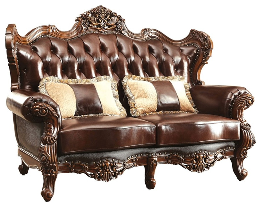 Bowery Hill Top Grain Leather Tufted Loveseat in Dark Oak Finish   Victorian   Loveseats   by Homesquare  Houzz