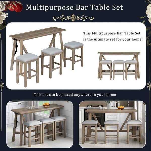 4 piece bar table with 3 upholstered stools， dining table， wooden bar table with USB port and power bank