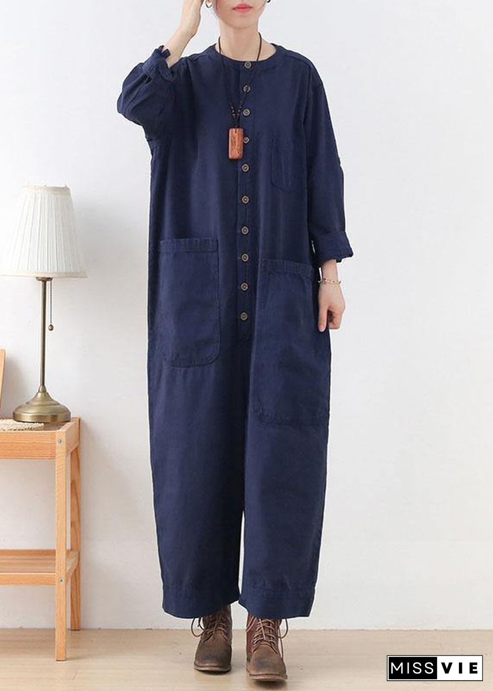 Modern Blue Loose Pockets Fall Button Denim Romper Sets