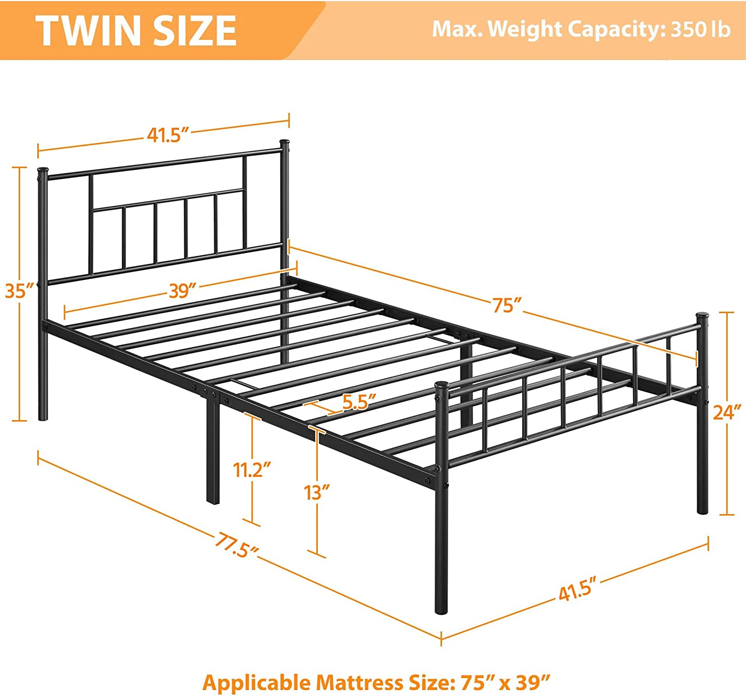 13 inch Twin Size Metal Bed Frame with Headboard and Footboard Platform Bed Frame with Storage No Box Spring Needed Mattress Foundation Black