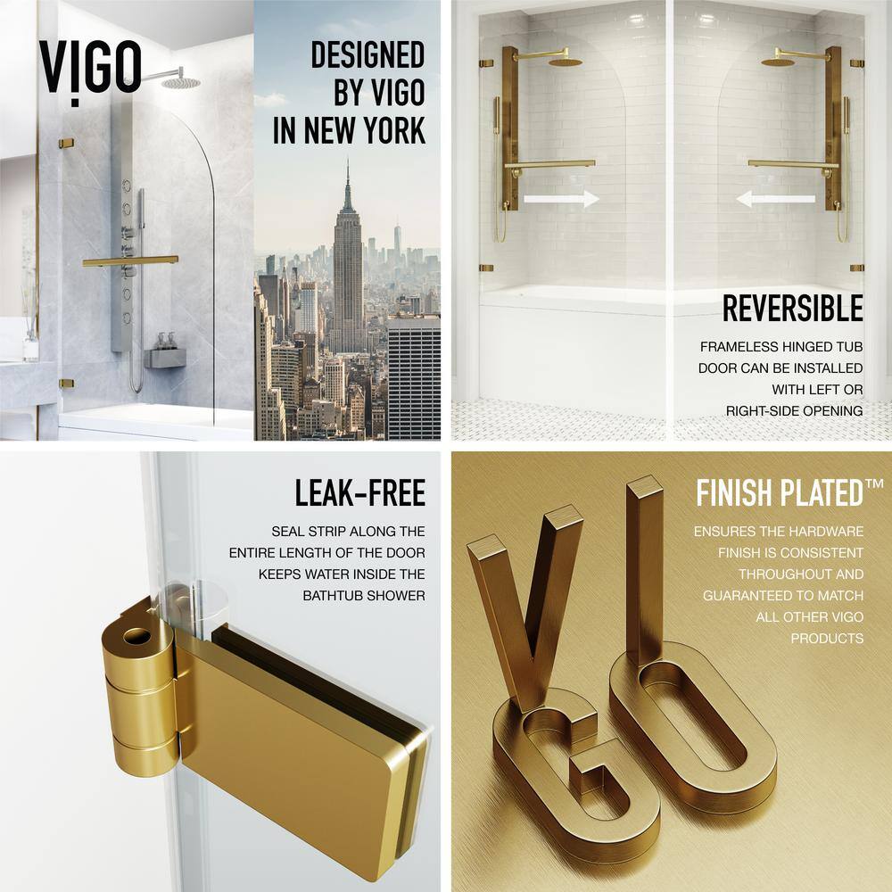 VIGO Orion 34 in. W x 58 in. H Pivot Frameless Tub Door in Matte Brushed Gold with 516 in. (8mm) Clear Glass VG6071MGCL3458