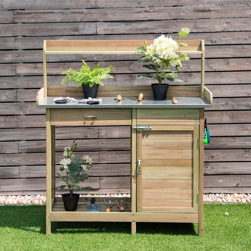 Outdoor Patio Potting Bench Table Rack with Metal Tabletop, Big Drawer & Removable Shelf, Fir Wood Garden Workstation