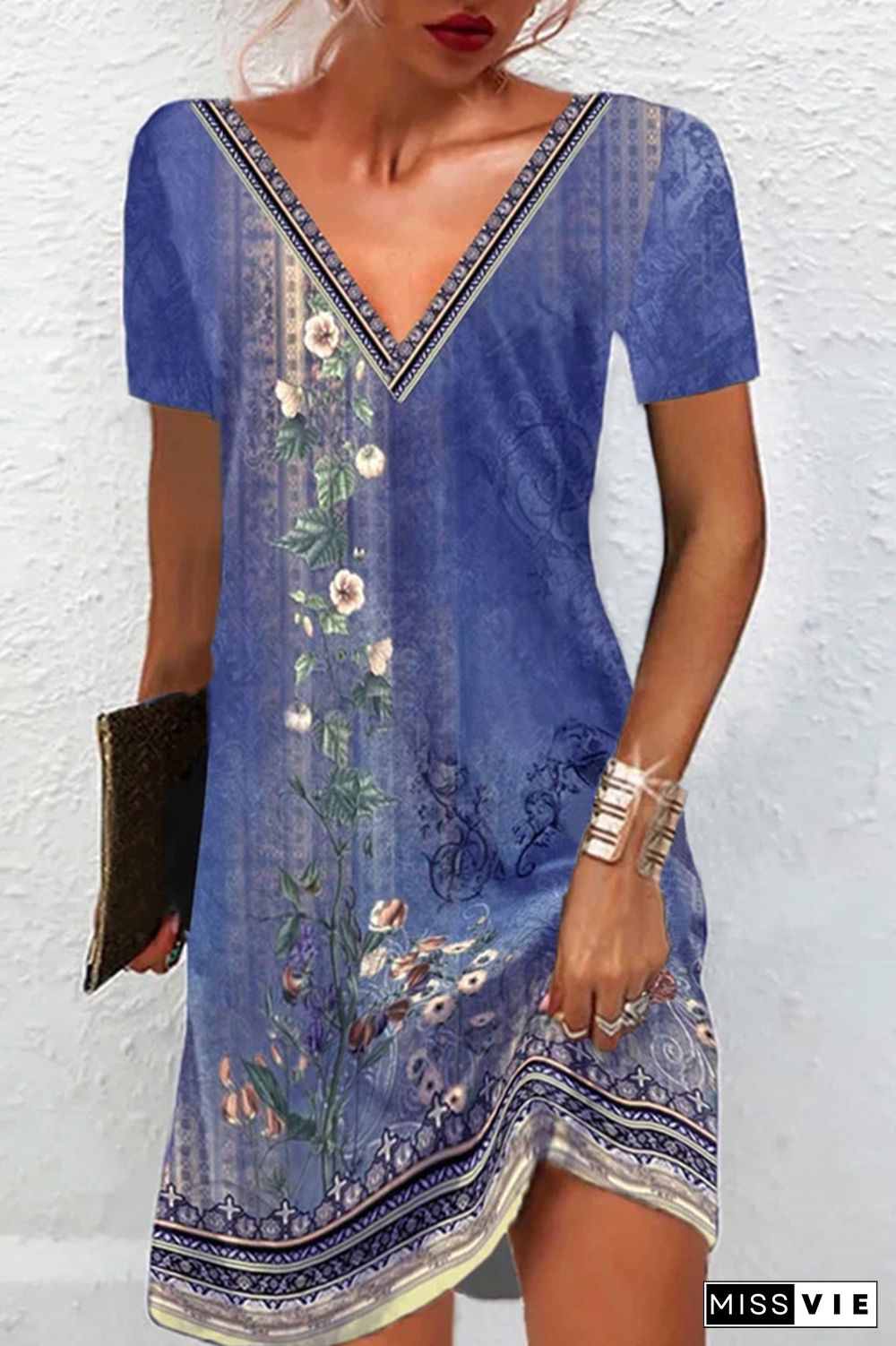 V Neck Ethnic Floral Print T-Shirt Dress