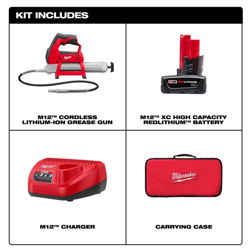 MW M12 12-Volt Lithium-Ion Cordless Grease Gun Kit with One 3.0 Ah Battery Charger and Tool Bag with M12 38 in. Ratchet 2446-21XC-2457-20