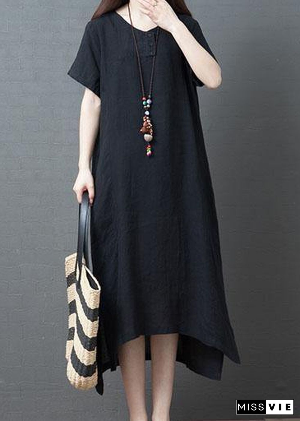 Classy black cotton quilting dresses o neck side open Plus Size summer Dress