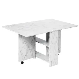 Dinaza 55.1 in. Rectangle White Marble Wood Folding Dining Table Drop Leaf Table with 2-Tier Racks with Wheels (Seats 6)