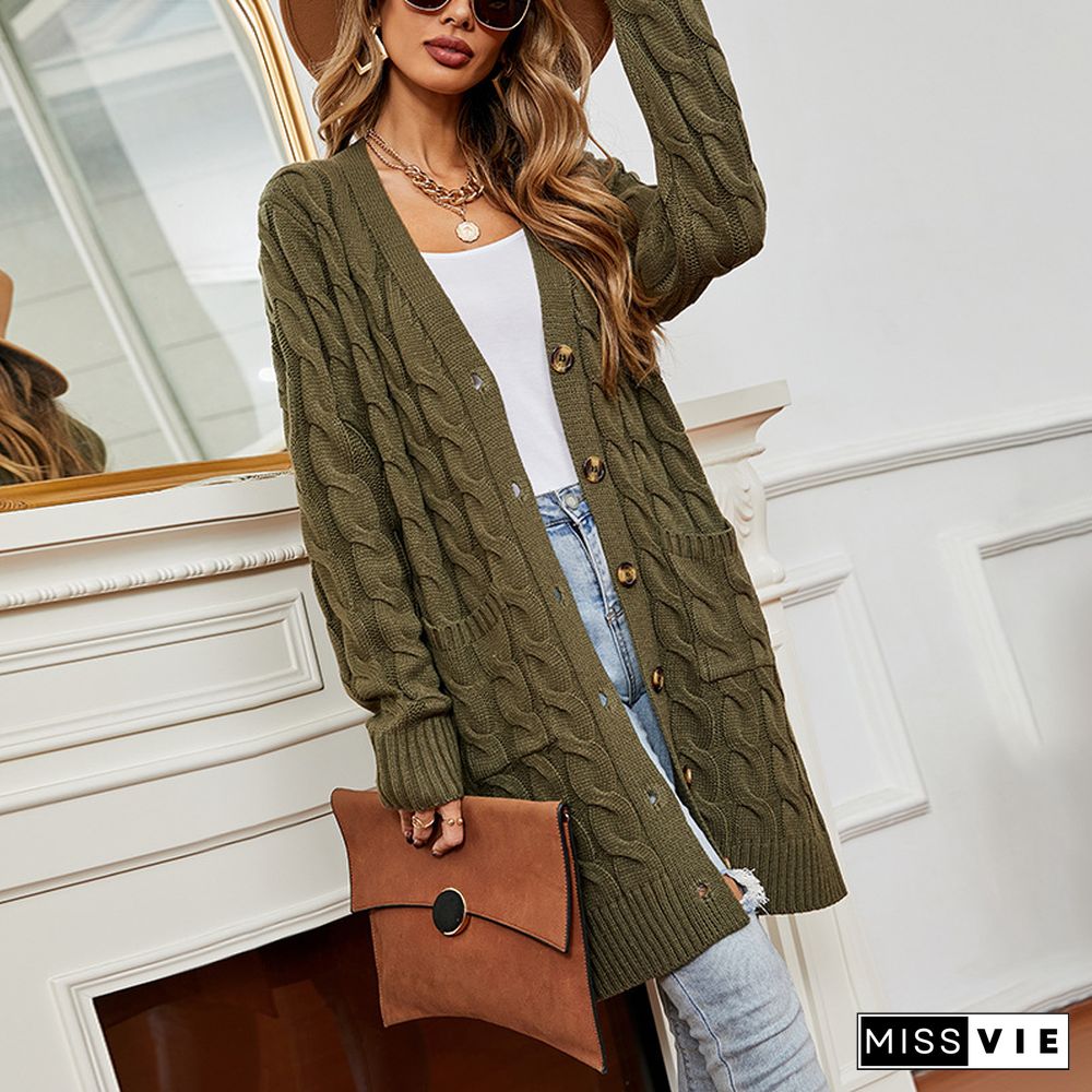 Casual Women Long Cardigan Sweater Jacket Winter New Solid V-neck Pocket Button Knitwear Vintage Twist Cardigans Women