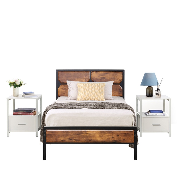 Taomika Industrial 3-pieces Bed with Wood Headboard and Square Nightstands Set - - 35162736